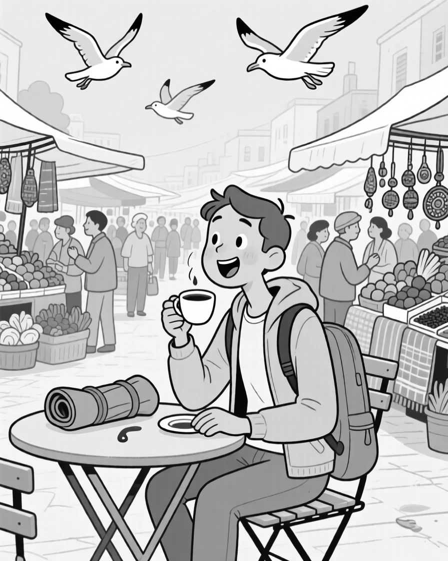 A solo traveler sipping coffee at a sidewalk cafe, drooling slightly onto a rolled-up jacket, set in a colorful, chaotic open-air market. Seagulls circle hopefully overhead. The scene captures the giddy chaos of exploring somewhere new.