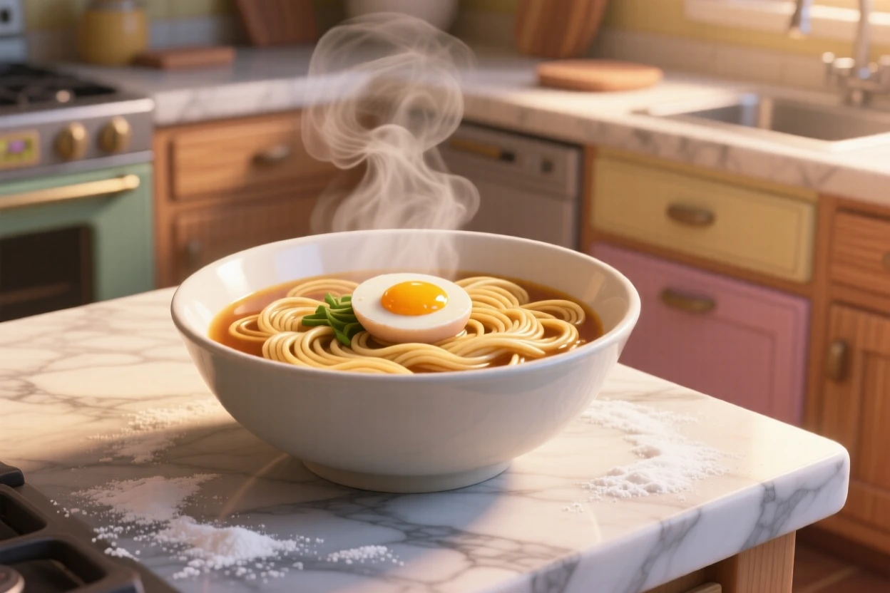 A bowl of steaming ramen with soft-boiled egg sits on a marble kitchen counter dusted with flour, with a light dusting of powdered sugar. The setting feels relaxed and satisfying.