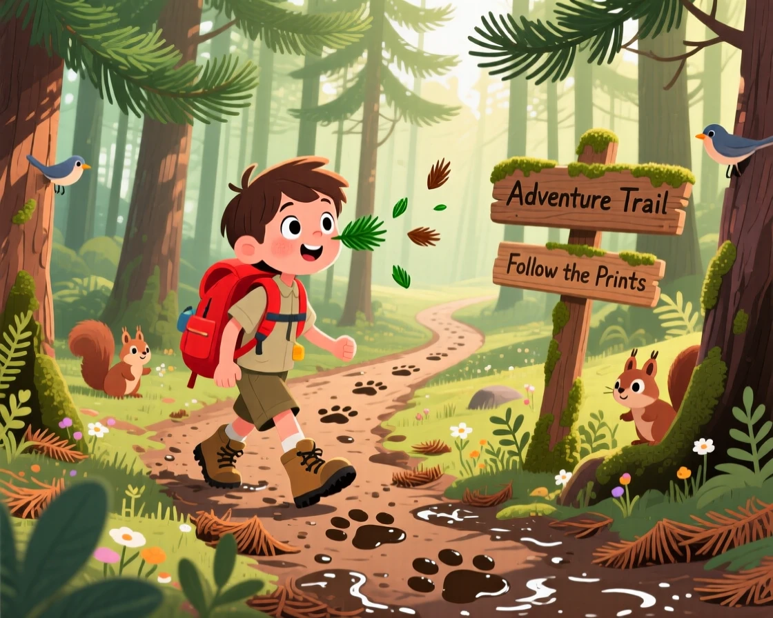 A young explorer with a backpack spends the day following a trail of paw prints in the mud through a dense pine forest, with the scent of pine drifting on the wind.
