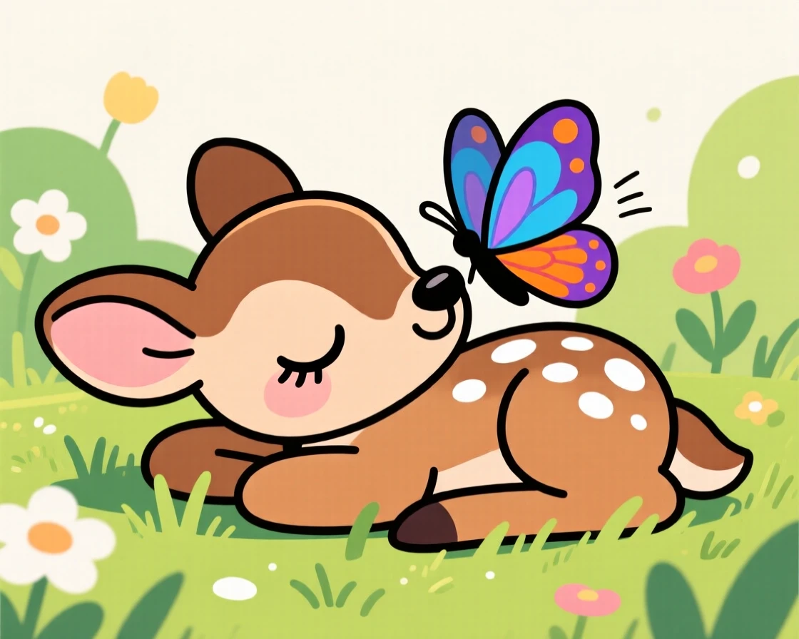 A butterfly landing on the nose of a resting fawn.