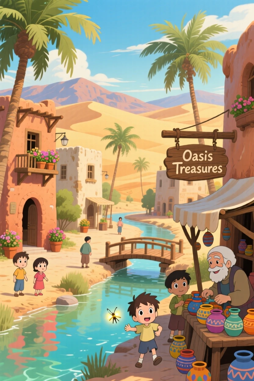 A scenic view of a desert oasis town with palm trees and clay buildings, with distant mountains framing the skyline.