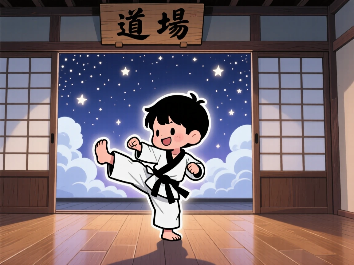 In a peaceful dojo, a child in a karate uniform is practicing a confident kick pose beneath fluffy drifting clouds, bathed in sparkling starlight, expression full of playful mischief. Shot as a silhouette composition.