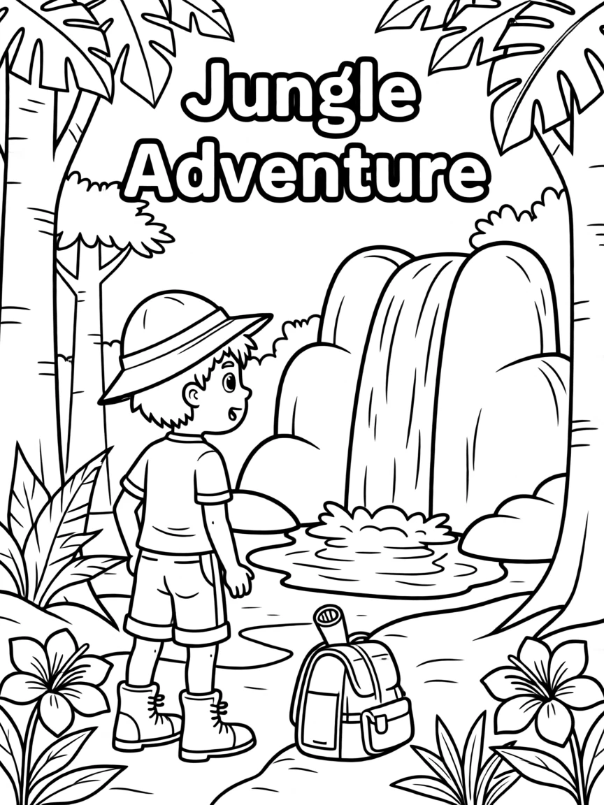 A young explorer discovering a hidden waterfall in the jungle