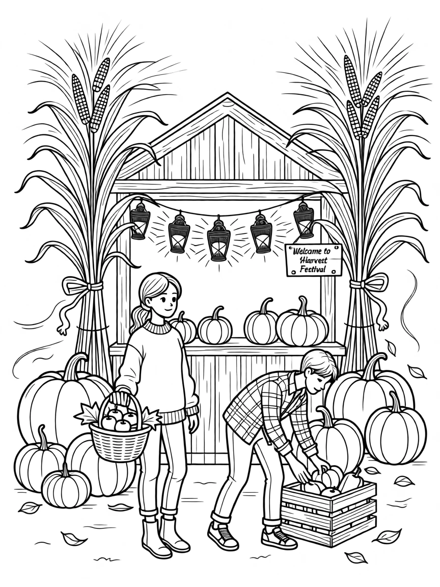 A harvest festival with corn stalks and pumpkins on display, with warm lantern light glowing across the scene.
