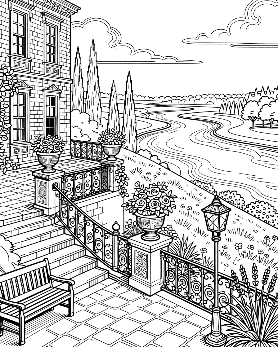A hillside terrace of a country estate overlooking a river.