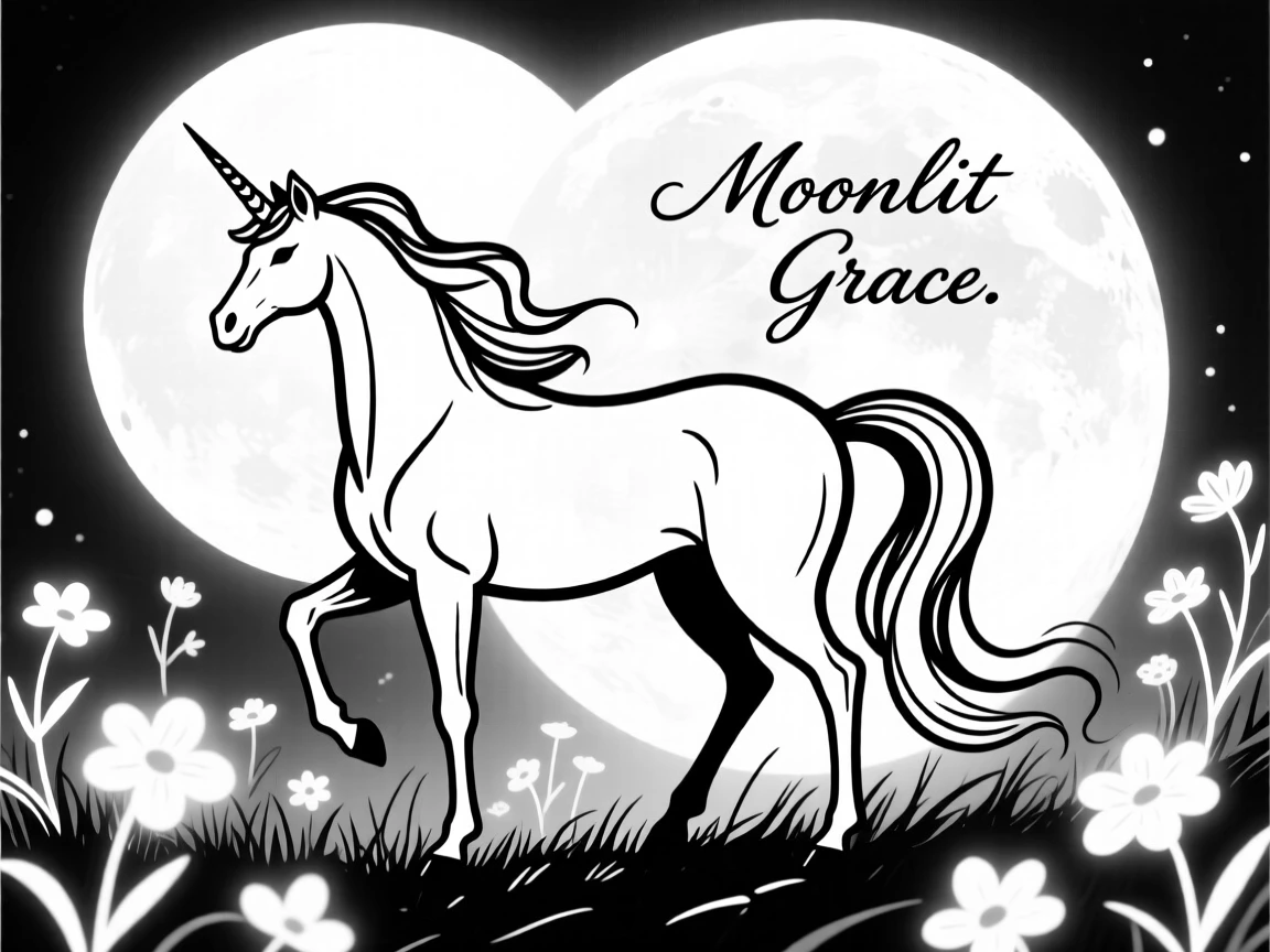 A unicorn standing in a moonlit glade surrounded by glowing flowers.