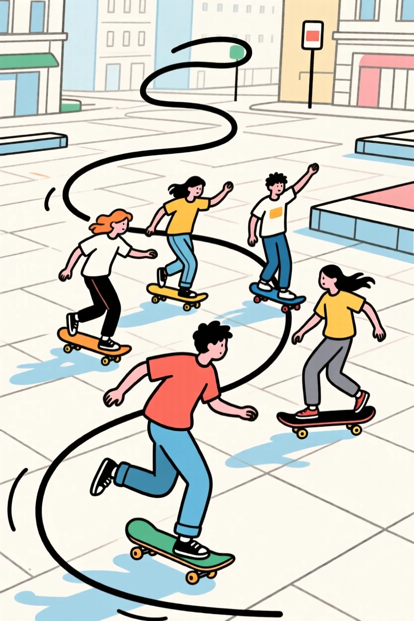 A group of teenagers skateboarding together in an urban plaza.
