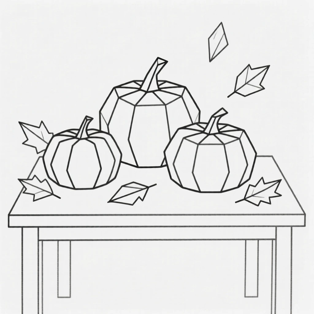 A still life of pumpkins and autumn leaves on a table