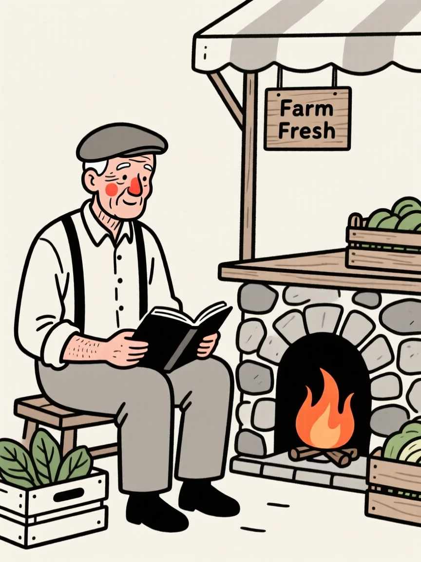 An elderly man of Italian heritage reading a book by a fireplace, at a countryside farmers market.