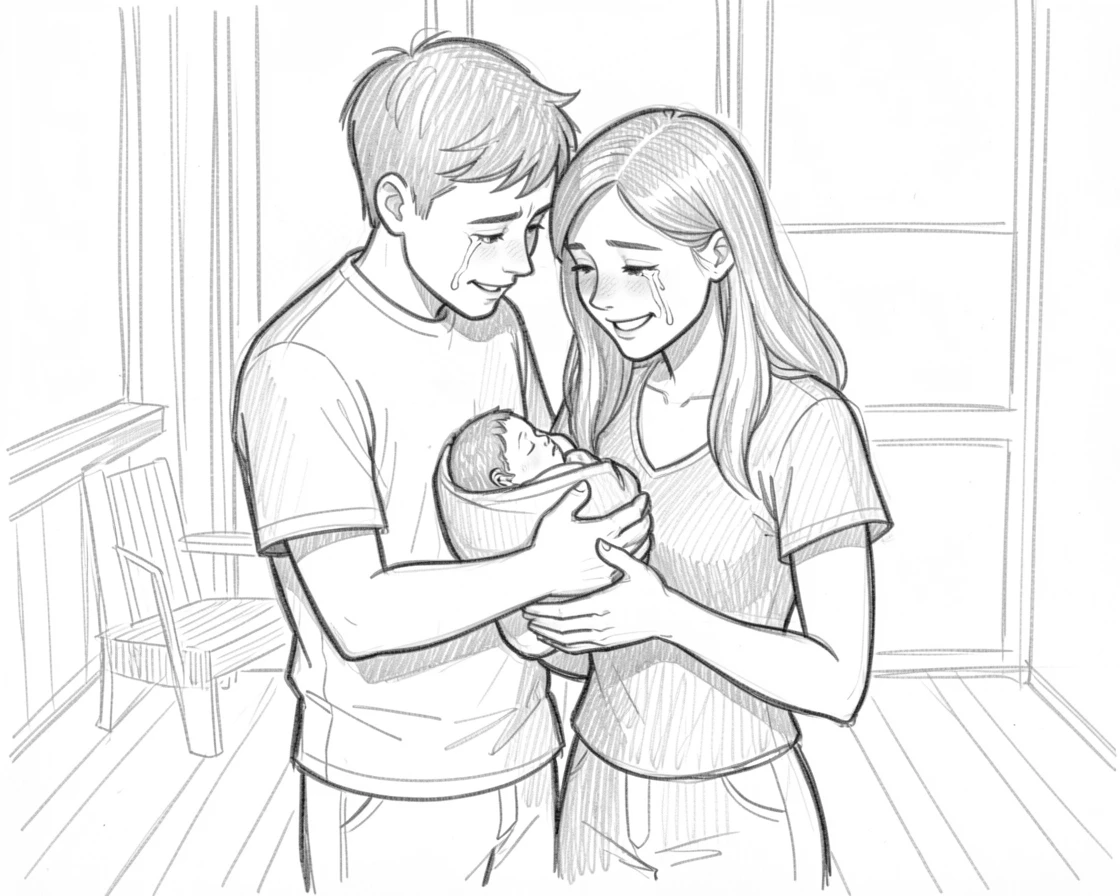 A heartwarming family moment: a young couple holding their newborn on a quiet front porch, marked by tears of happiness.