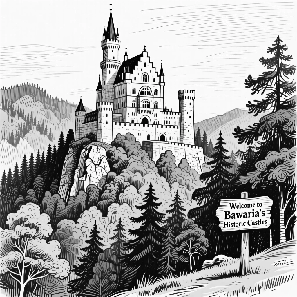 The historic castles of Bavaria rising above dense green forests.