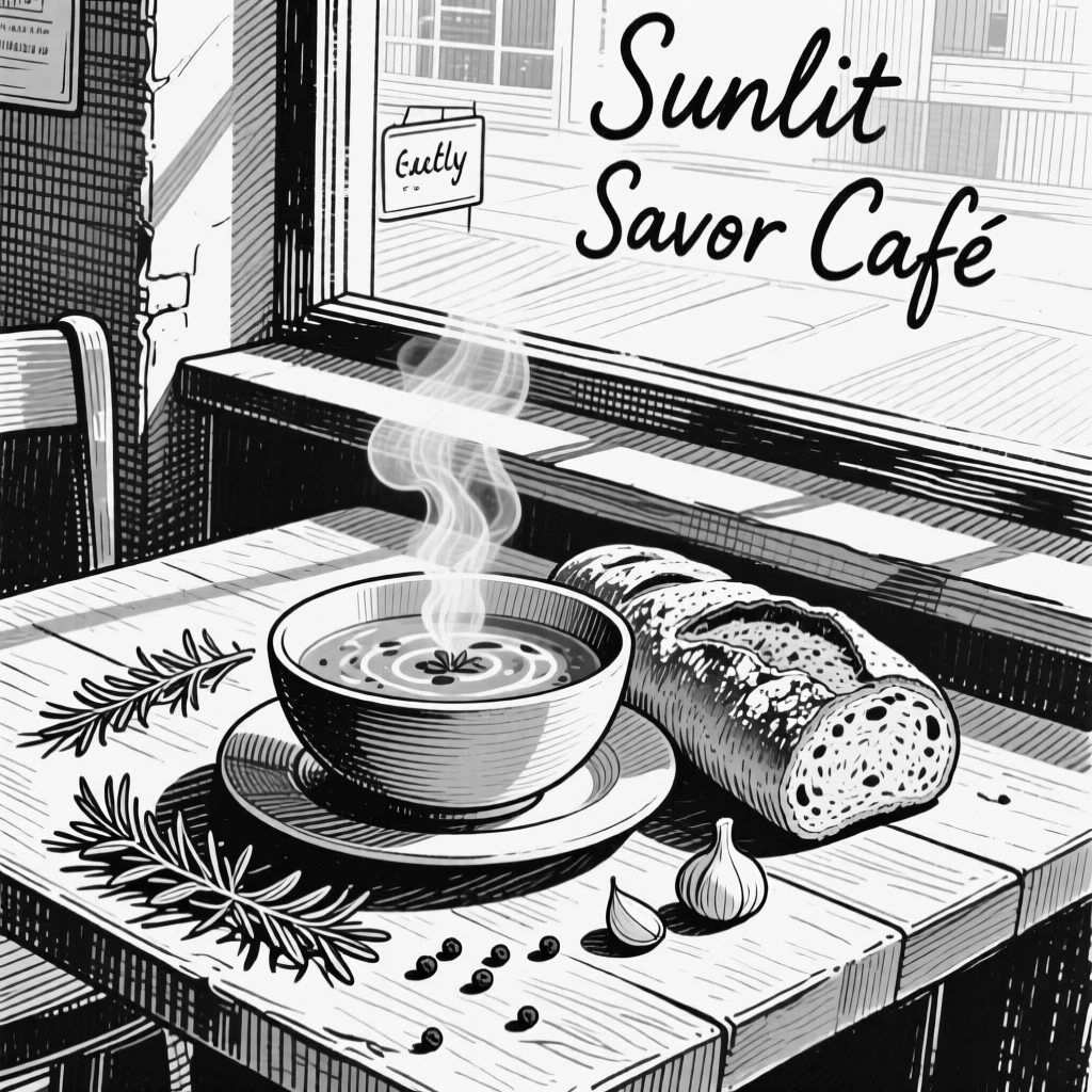 A bowl of soup with crusty bread set in a sunlit cafe window, with a few loose ingredients scattered around, presented in a fresh and vibrant culinary still life.