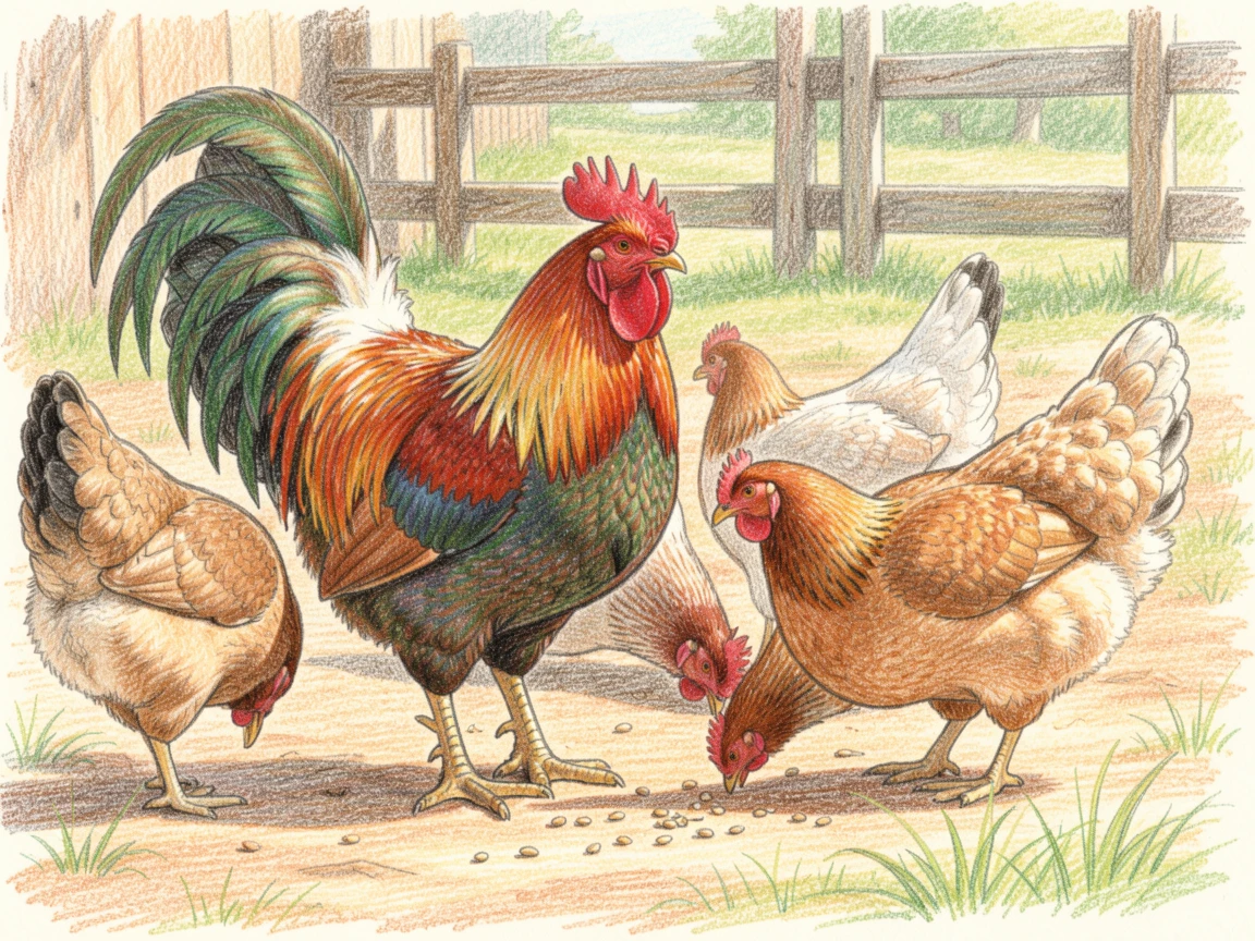A colorful rooster and hens pecking in a sunny farmyard, with a gentle play of light and shadow across the composition, perfect for anyone drawn to gentle, heartfelt imagery.