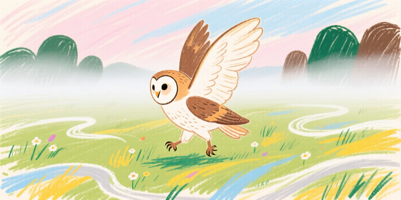 A barn owl crossing a quiet meadow blanketed in morning fog.