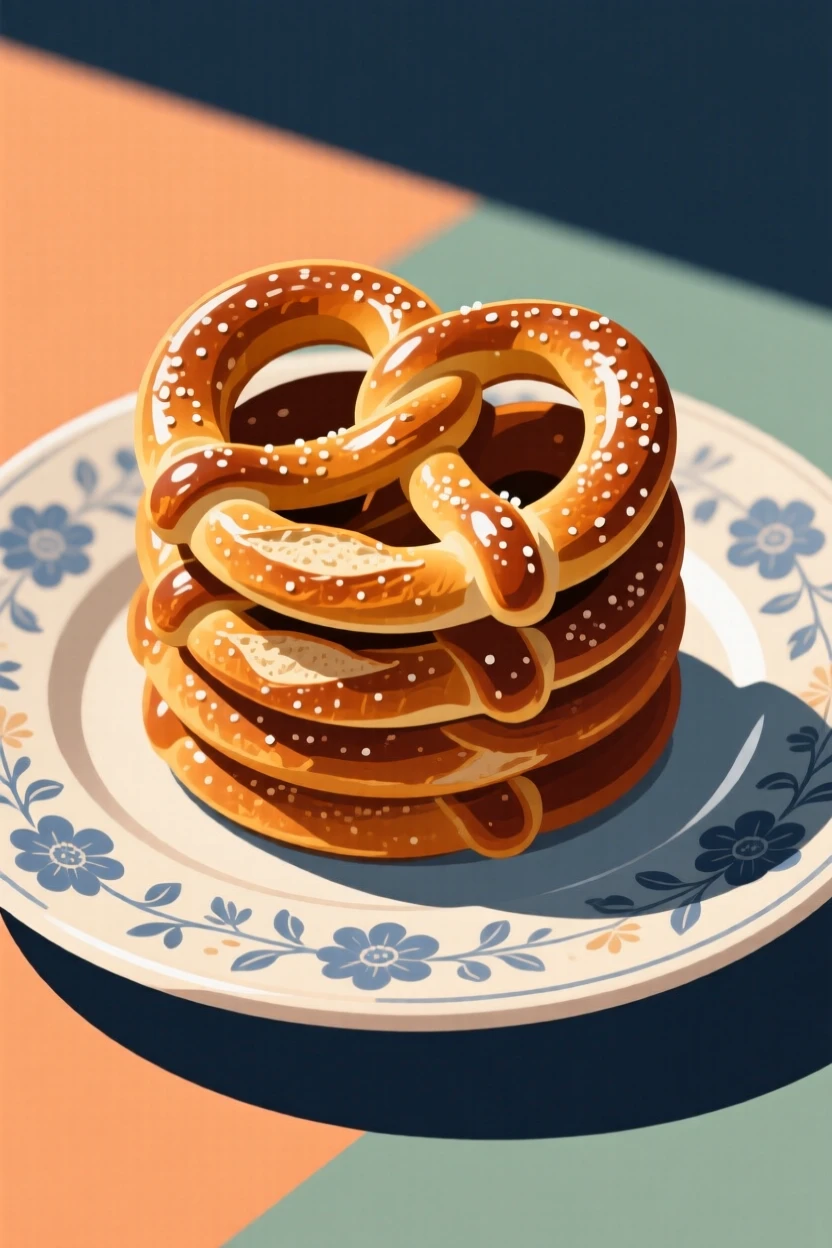 A stack of pretzels twisted into golden brown perfection, placed on a vintage ceramic platter, arranged with complementary colors for visual appeal, with glossy highlights that make the dish look freshly made.