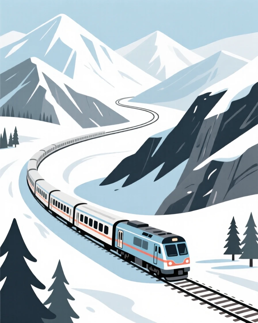 A train winding through snow-capped mountains on a scenic railway.