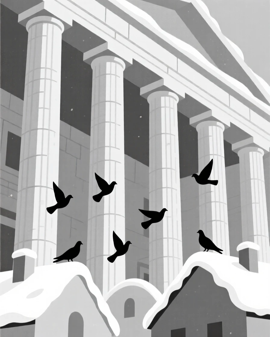 A view looking up at a colonnade of stone pillars from a snow-dusted alpine town, with a scattering of pigeons in frame, evoking historic charm.