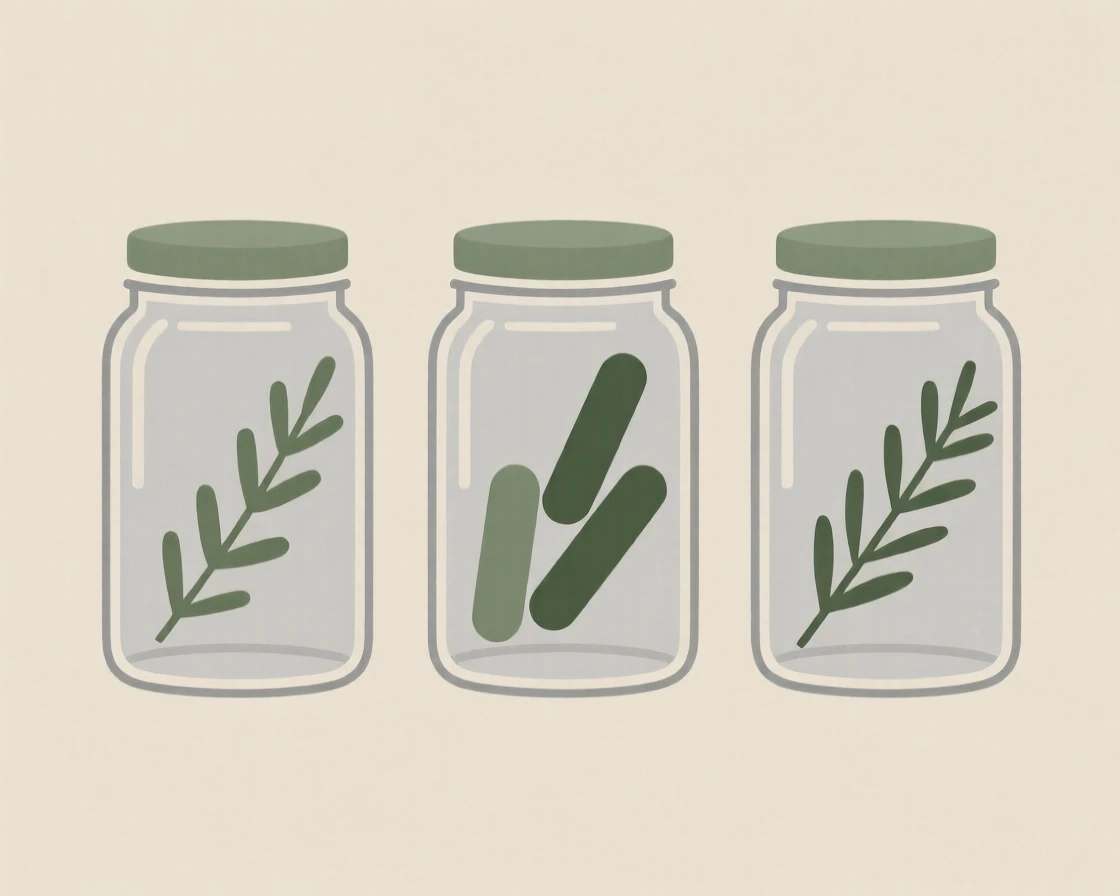 A set of mason jars filled with dried herbs