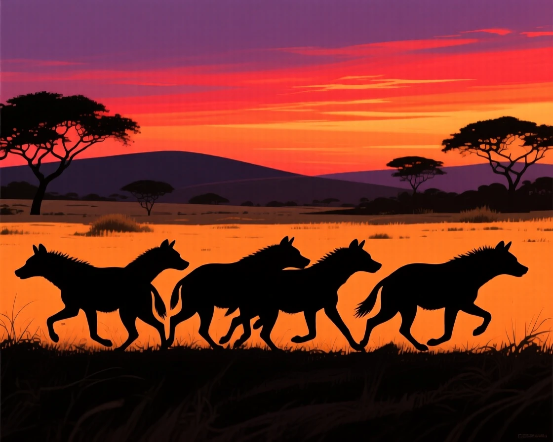 A pack of hyenas trotting together across the savanna at dusk.