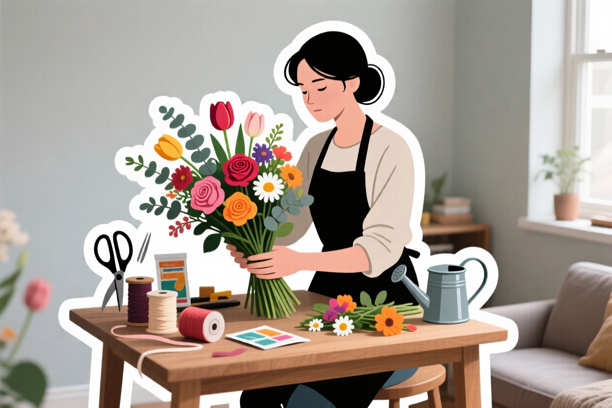 A determined and skilled florist arranging a bouquet of fresh flowers, surrounded by their favorite gear, in a peaceful home corner dedicated to their craft.
