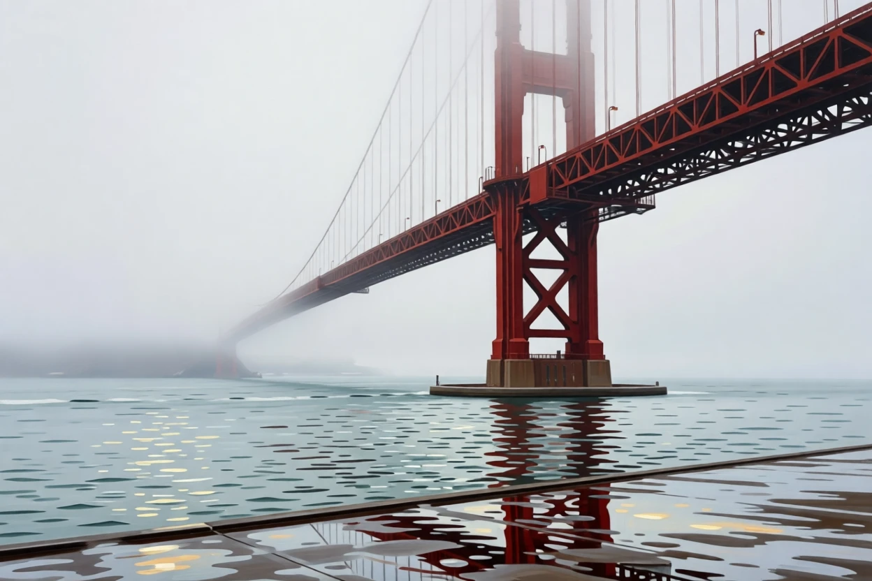 The Golden Gate Bridge emerging from a thick blanket of coastal fog, as reflections shimmer across nearby water or wet pavement, radiating the unique charm and grandeur of world architecture