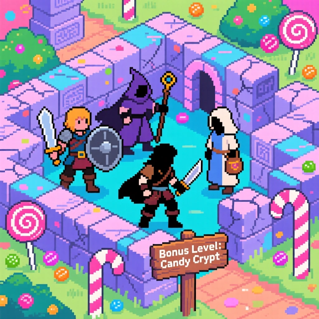 A party of four adventurers navigating a maze of ancient stone puzzles, inside a candy-colored bonus level.