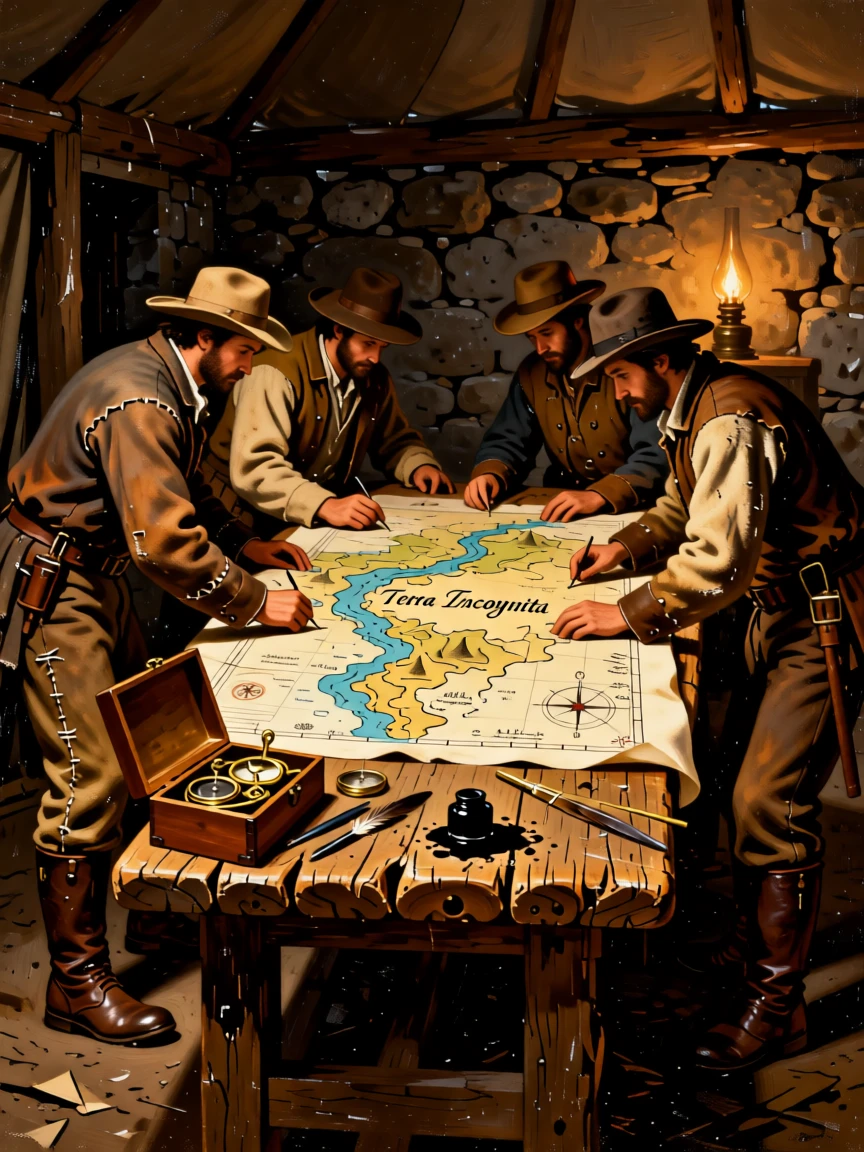 A group of explorers charting new territory with maps spread across a wooden table, with authentic textures and materials true to the historical period, honoring the customs, craftsmanship, and spirit of the time