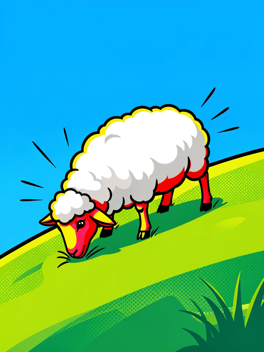 A fluffy sheep grazing on a hillside