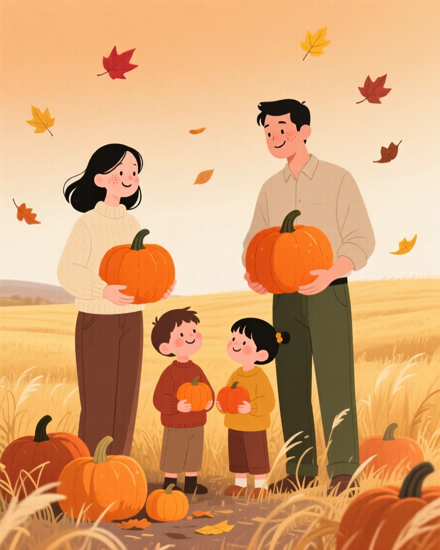 A family gathers pumpkins in a golden field as the first falling leaves drift down around them under a soft amber sky.