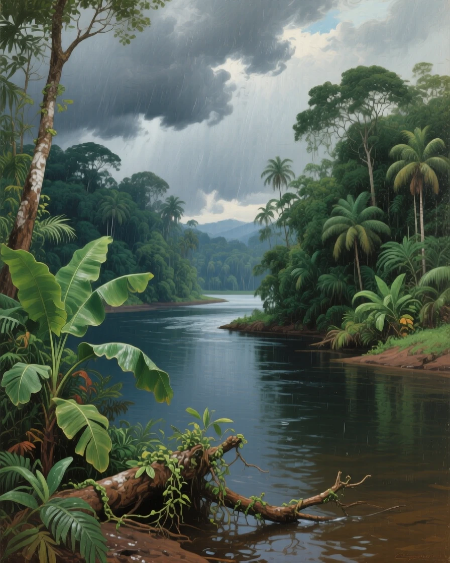 A broad landscape view of a tropical jungle river winding beneath a dense green canopy, in the 1950s, beneath heavy grey storm clouds.