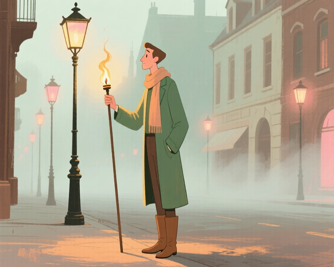 A lamplighter igniting gas lamps along a foggy city street
