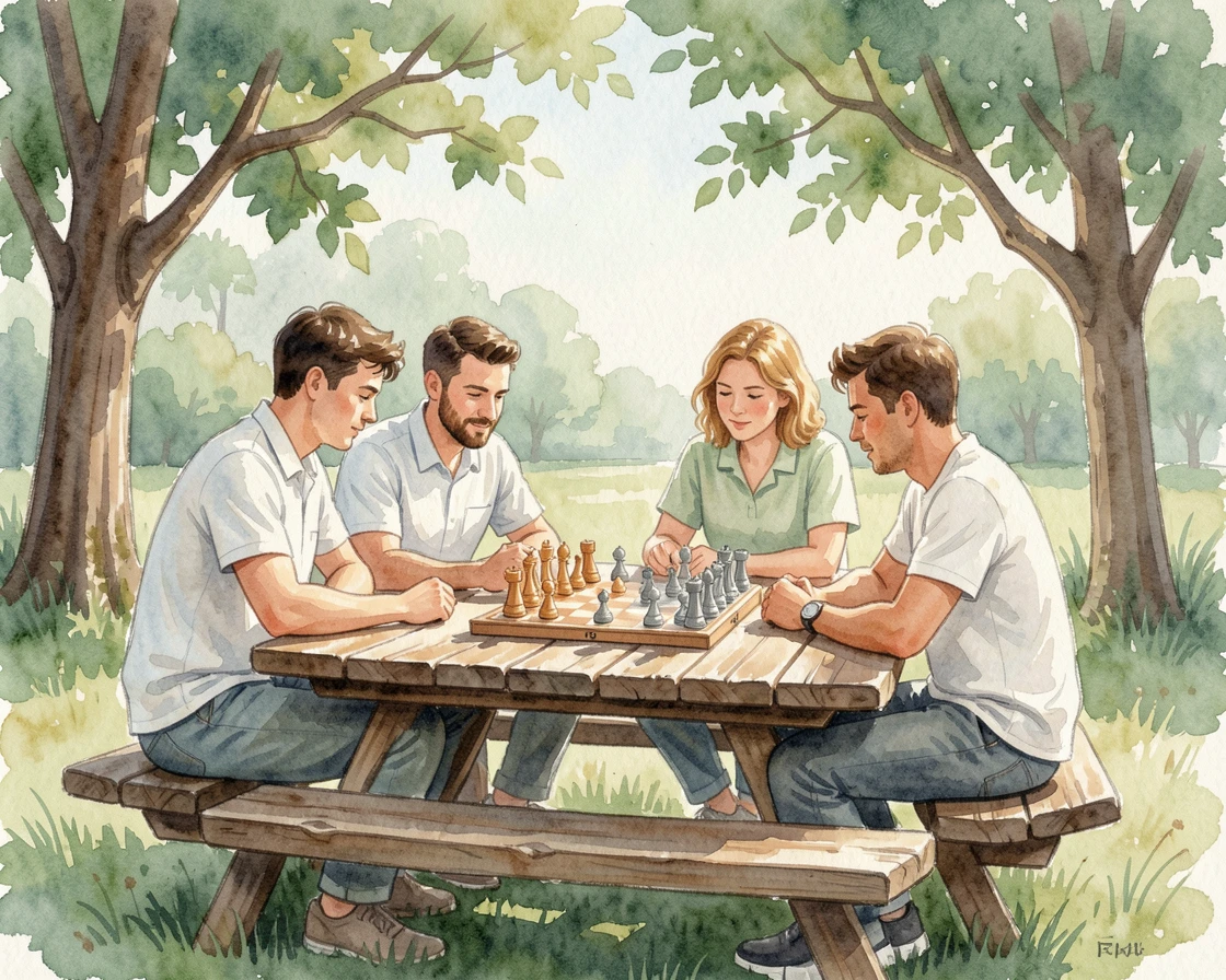 A group of friends playing chess in the park with focused, peaceful concentration.