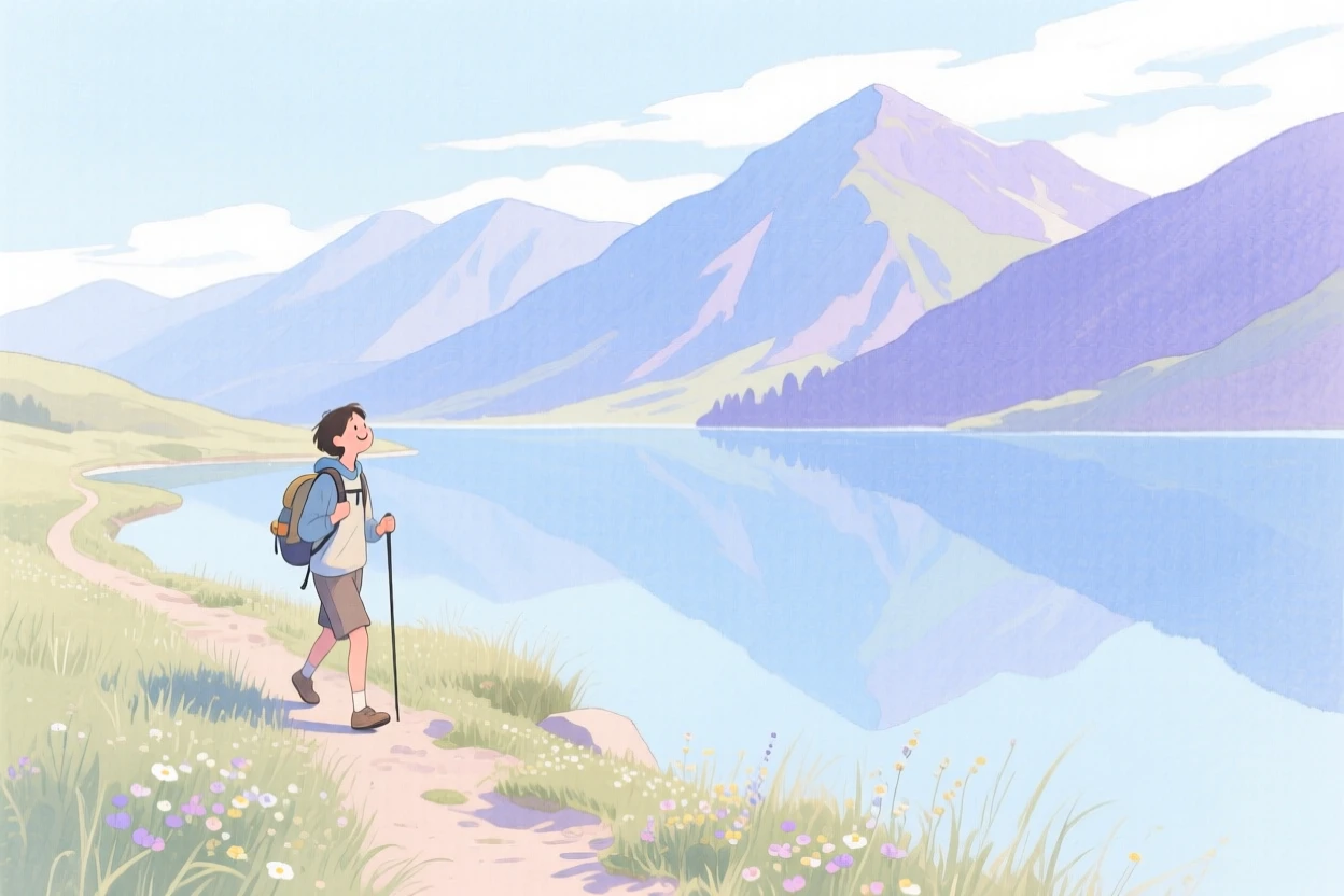 A peaceful scene of someone hiking a mountain trail beside a still mountain lake, fully absorbed in a quiet, joyful moment