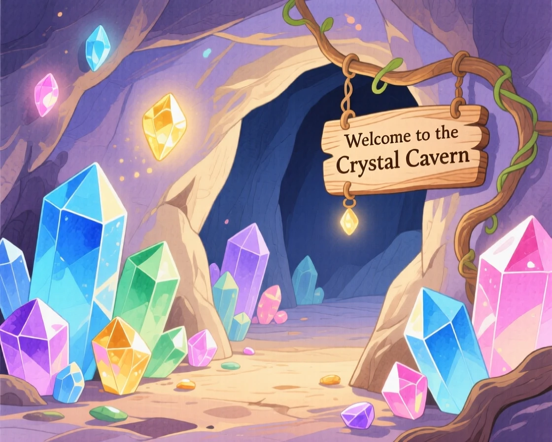 A crystal cavern lit by glowing gems, bathed in soft magical light.