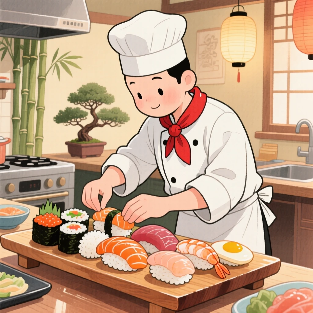 A sushi chef carefully arranging colorful pieces of nigiri on a wooden board, inspiring appetite and nostalgic comfort.