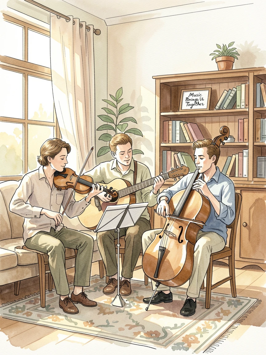 A group of musicians rehearsing together in a sunlit living room, gentle expressions capturing a fleeting, genuine moment.