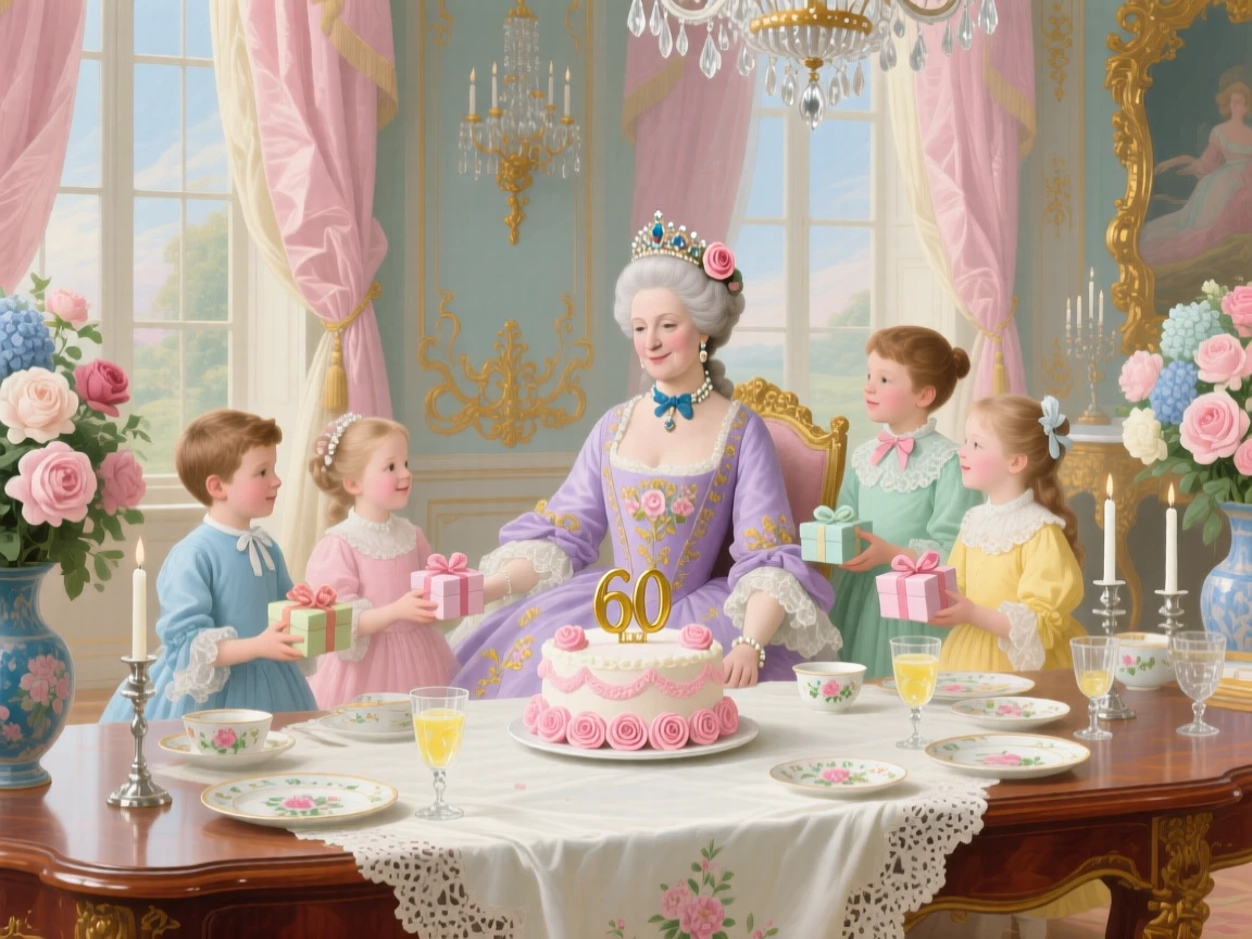 A queen celebrating her birthday with grandchildren around a long table  