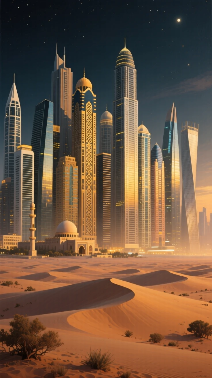 A futuristic Dubai skyline glittering above the desert at night, as soft golden hour light bathes every surface and structure, celebrating the architectural wonder and cultural richness of the location