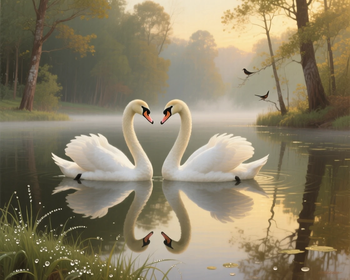 A pair of swans gliding gracefully across a still, mirrored lake in a fleeting instant of natural beauty rarely witnessed, set within a sunlit forest clearing alive with birdsong, with dew-covered grass, drifting mist, and soft golden light; soft depth of field isolates the animal against a dreamlike backdrop, radiating peace, freedom, and untamed beauty.
