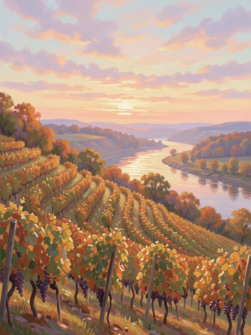 A terraced hillside vineyard overlooking a wide river valley in early autumn light, under a glowing sunset sky, conveying a feeling of romance and tranquility.