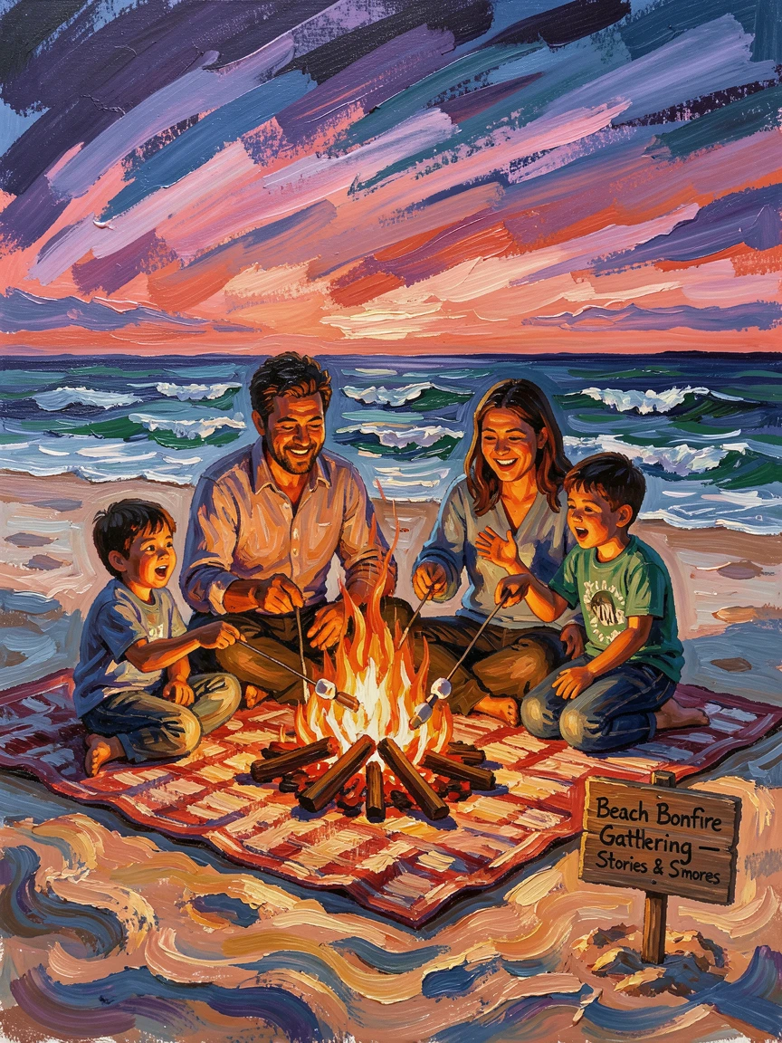 A family gathered around a bonfire on a beach, roasting marshmallows and telling stories.