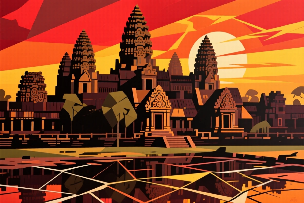 The ancient temples of Angkor Wat silhouetted against a fiery sunrise.
