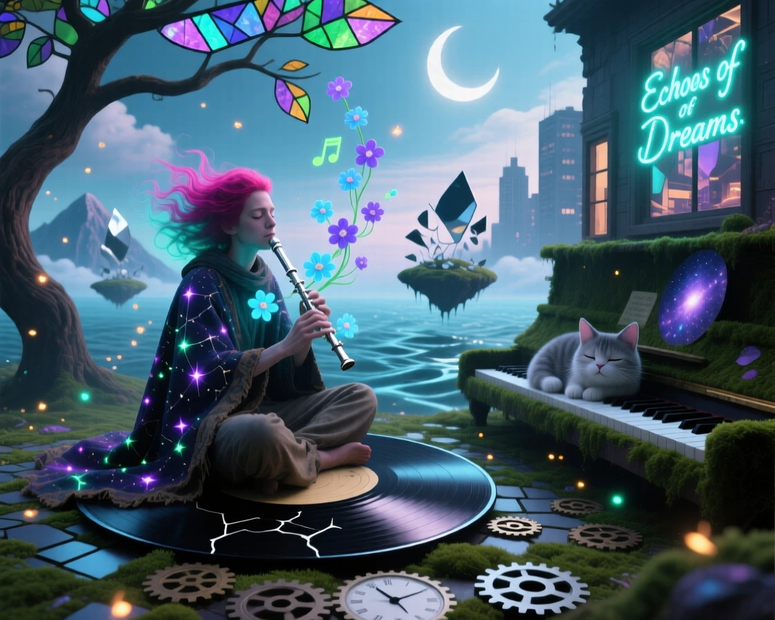 A wandering musician whose flute music grows small glowing flowers rests peacefully in a space that feels both familiar and strange, as small details of the world quietly bend and shift nearby.
