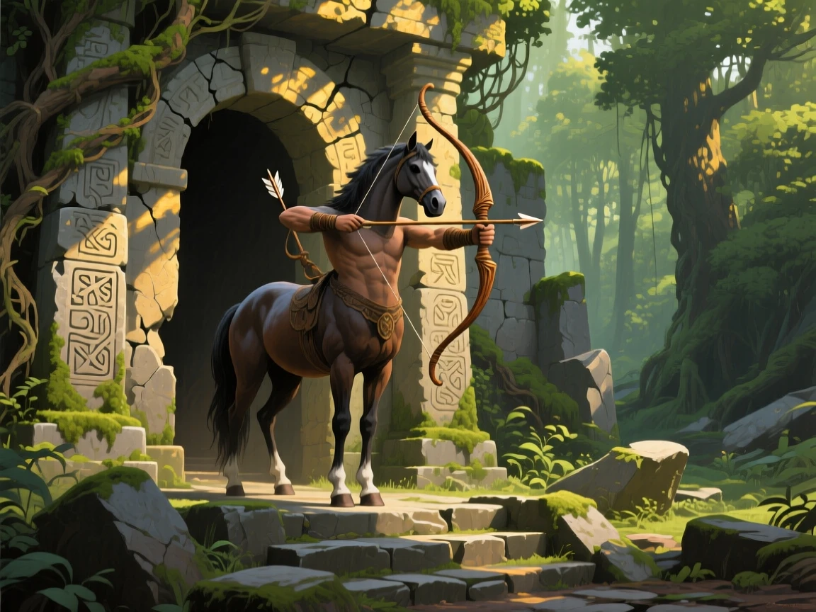 A centaur stands guard at the entrance to a hidden temple, bow drawn, as vines and ancient stone ruins frame the mystical scene, the atmosphere charged with a sense of quiet wonder and untold history.