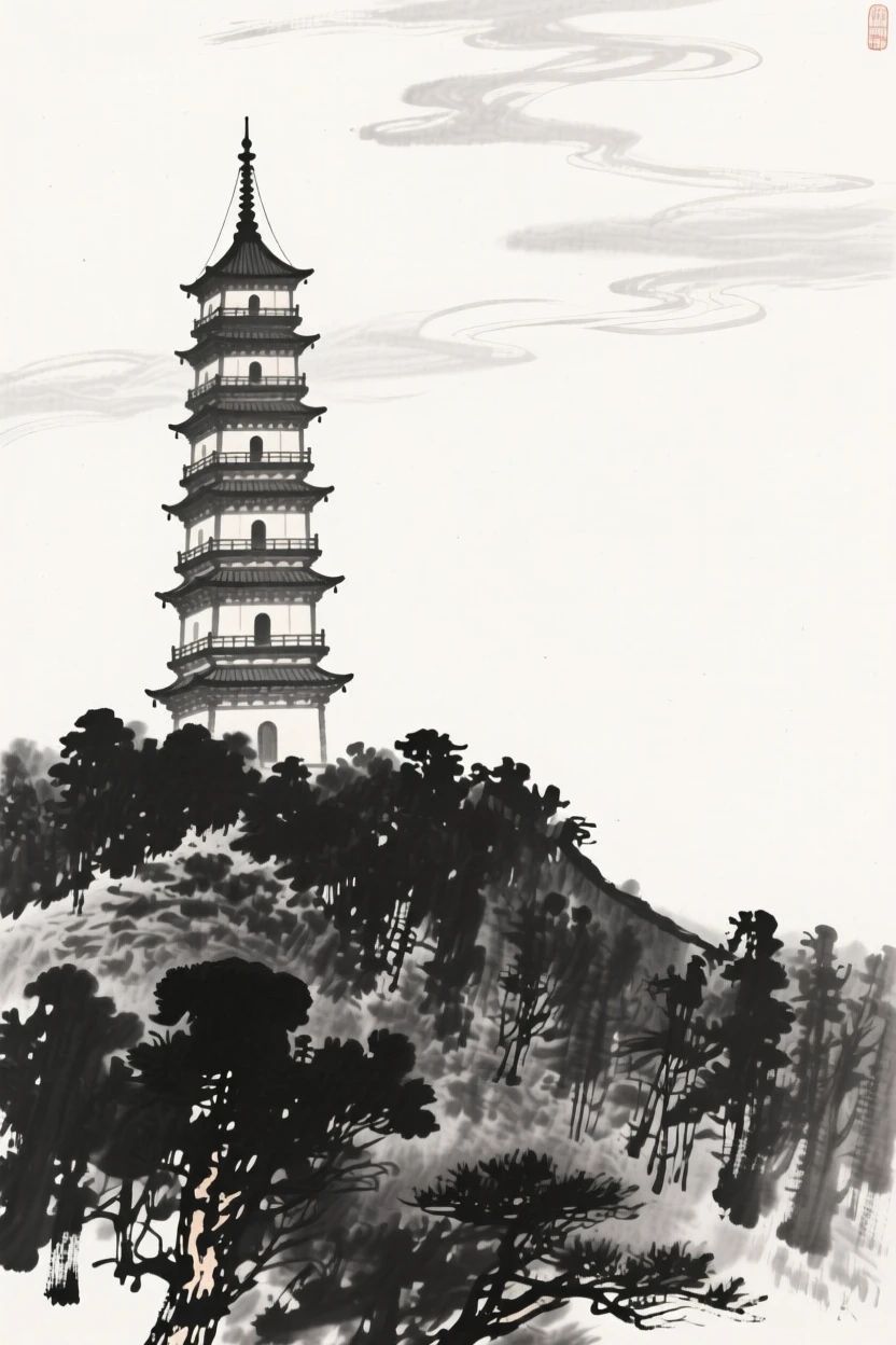 A tall pagoda rises from a forested hillside, its tiers visible above the treetops, beneath a sky filled with drifting clouds.