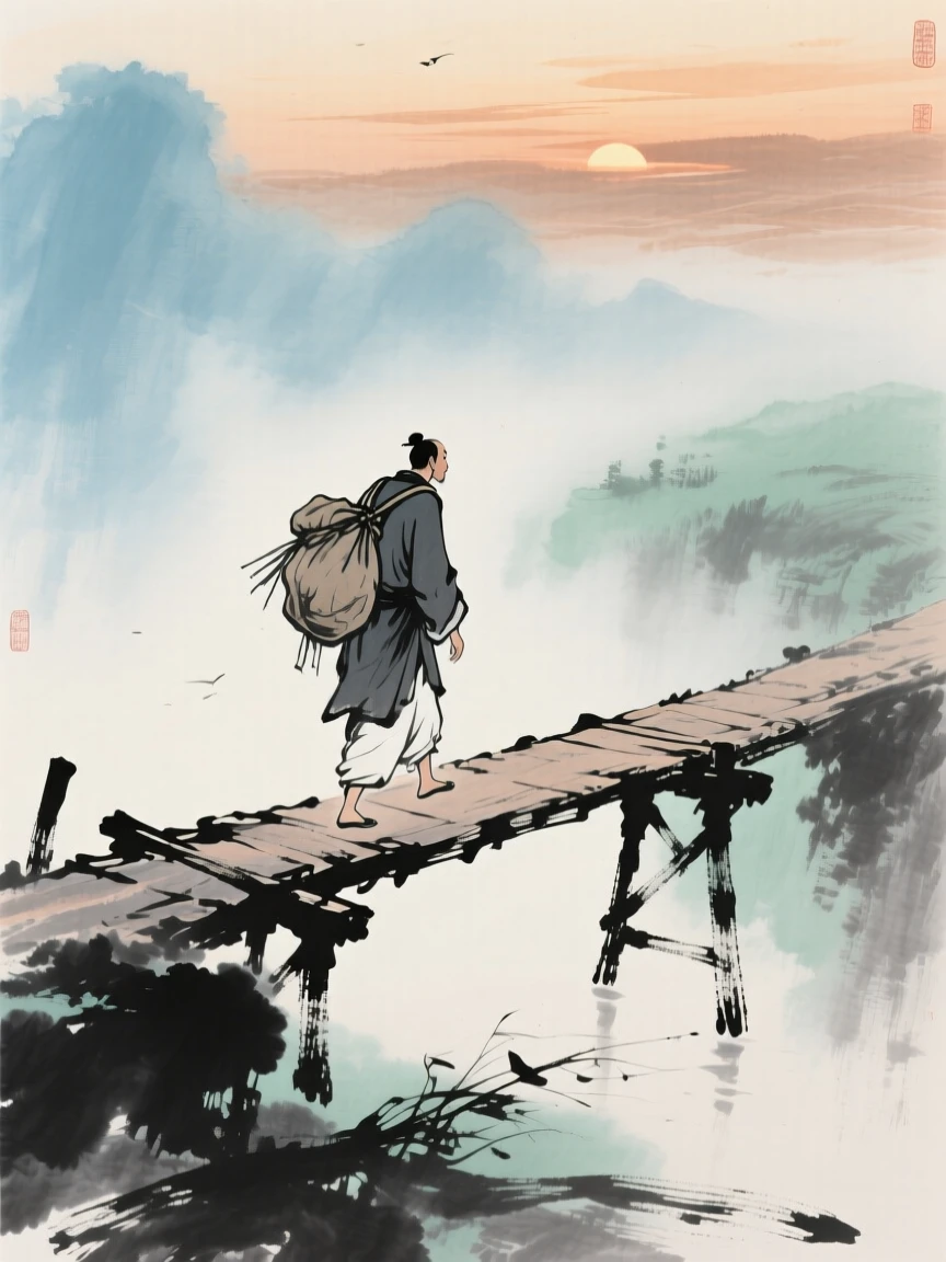A lone traveler crossing a footbridge with a bundle over his shoulder, at dusk, full of quiet reverence, through a light drifting mist.
