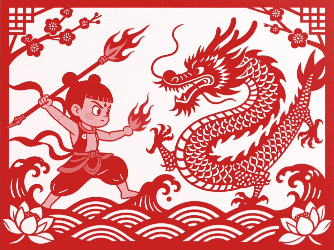 A young Nezha battling a sea dragon with his fire-tipped spear, waves crashing around his small determined figure