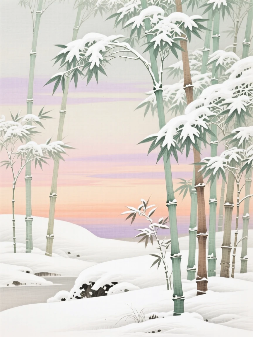 Fresh snow blanketing a bamboo grove in winter silence, beneath a sky streaked with the colors of early morning
