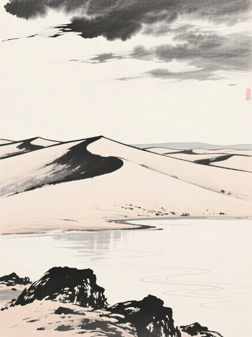 A wide desert dune ridge stretching under an open sky beneath a canopy of drifting cloud banks, framed low, with the foreground rocks leading the eye toward the distance, with faint ripples spreading slowly across the surface, conveying calm reflection and gentle isolation.
