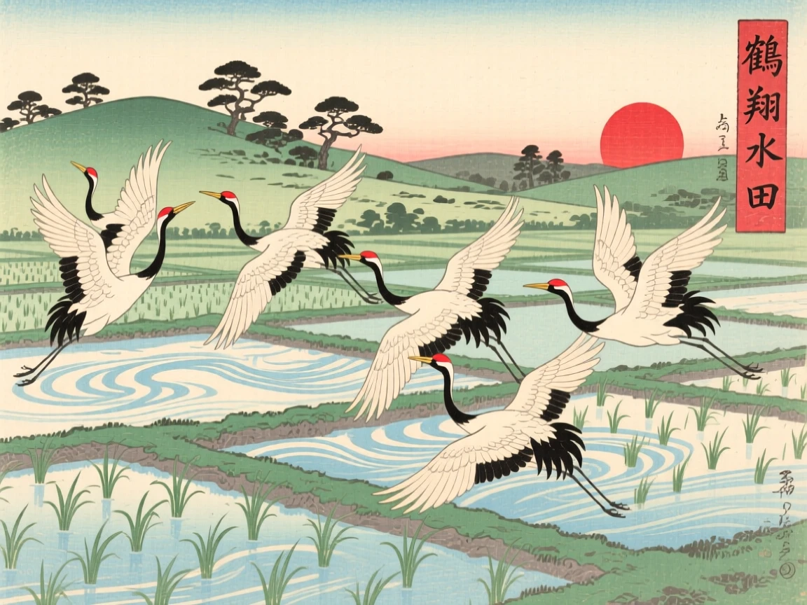 A flock of cranes darting above a rippling rice paddy.